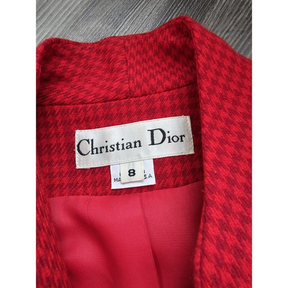 Christian Dior Vintage Houndstooth Red Plaid Pure Wool Skirt Suit Set Size 8 - Picture 5 of 16